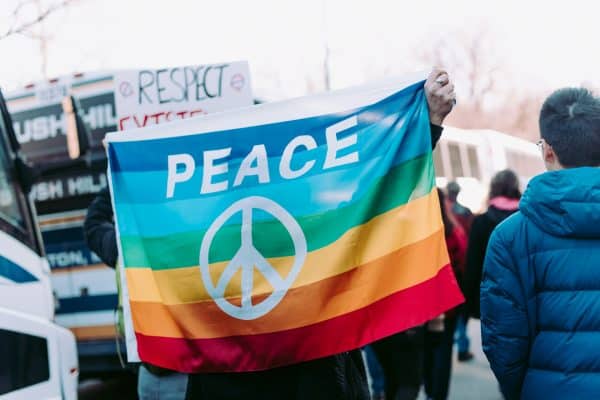 Rainbow peace flag at Women's March in Boston, 2017