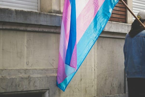 Person holding a pink and blue transgender pride flag