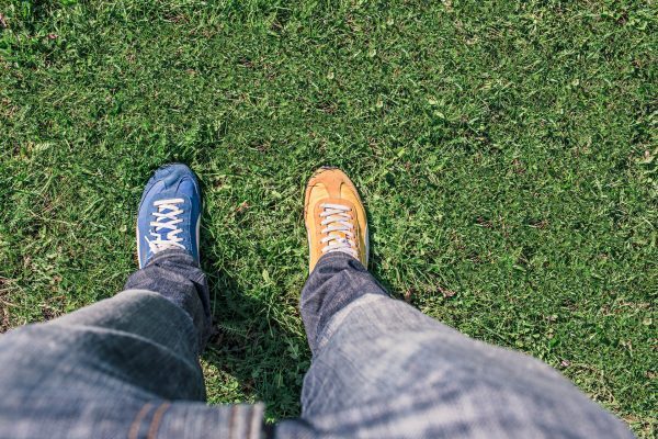 Two colored shoes on grass