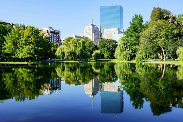 Boston Public Garden with skyline reflection